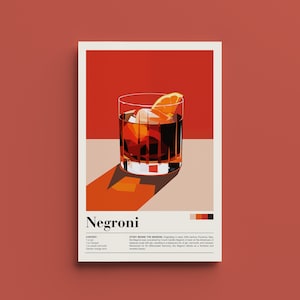 Cartel de cóctel Negroni - Decoración de bar, Impresión Vintage Negroni, Arte retro, Decoración de cocina MCM / Amante de Negroni / Impresión minimalista