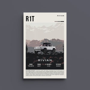 May include: A white Rivian R1T electric pickup truck is shown against a mountain backdrop. The truck has a black roof rack and black wheels. The text "RIVIAN" is displayed in black on a white background. The text "R1T" is displayed in black on a white background. The text "ENGINE DUAL MOTOR" is displayed in black on a white background. The text "POWER 665 HP" is displayed in black on a white background. The text "0-100 KM/H 3.5 SEC" is displayed in black on a white background. The text "TOP SPEED 200 KM/H" is displayed in black on a white background.