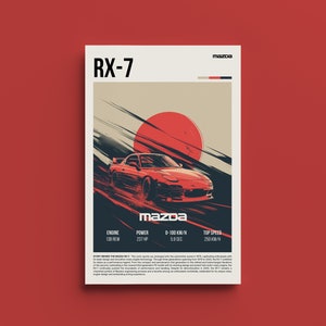 Póster retro RX7 - Impresión de arte de coches deportivos Mazda vintage, regalo para entusiastas del motor rotativo, decoración de la pared del garaje, regalo para amantes de los coches