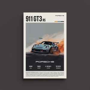 Könnte beinhalten: Ein Poster mit einem grauen Porsche 911 GT3 RS Sportwagen mit orangenen Akzenten, der auf einer unbefestigten Strecke mit Rauch und Staub hinter sich fährt. Das Poster enthält die technischen Daten des Fahrzeugs: 4,0-Liter-Motor, 518 PS, 3,2 Sekunden von 0 auf 100 km/h und eine Höchstgeschwindigkeit von 296 km/h.