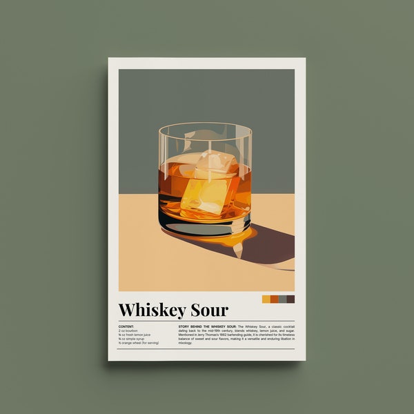 Poster Whisky Sour - Cocktail classique, décoration de bar vintage, oeuvre d'art rétro | Décoration de cuisine MCM | Amateur de whisky | Impression minimaliste, cadeau Saint-Valentin