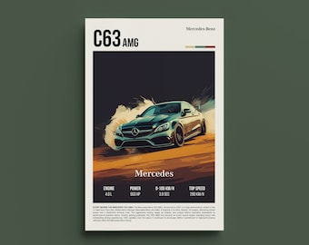 Impresión automotriz retro Mercedes C63 AMG: póster de coche clásico, decoración para entusiastas del rendimiento, arte de pared para garaje, regalo JDM