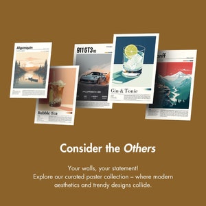 May include: Five different posters with various designs. The posters are all white with black text and images. The posters are arranged in a row, with the top of each poster slightly overlapping the one below it. The posters feature images of a lake, a car, a drink, a mountain range, and a cup of bubble tea. The text on the posters includes the words "Algonquin", "911 GT3 RS", "Gin & Tonic", "anff", and "Bubble Tea".