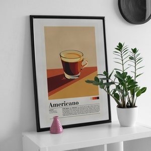 May include: A framed poster with a retro illustration of a cup of Americano coffee. The poster has the word "Americano" in bold text and a description of the coffee drink.