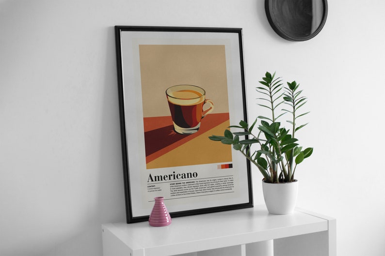May include: A framed poster with a retro illustration of a cup of Americano coffee. The poster has the word "Americano" in bold text and a description of the coffee drink.