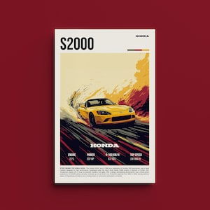 May include: A poster depicting a yellow Honda S2000 sports car in motion. The poster displays the text "S2000" and "HONDA", plus engine details: 2.2L engine, 237 HP, 0-100 km/h in 6.2 seconds, and a top speed of 241 km/h.