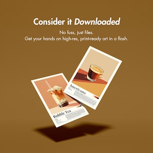 May include: Two printable art prints, one featuring a glass of bubble tea with tapioca pearls and the other featuring a glass of Americano coffee. Both prints have a minimalist design with a light background and bold black text.