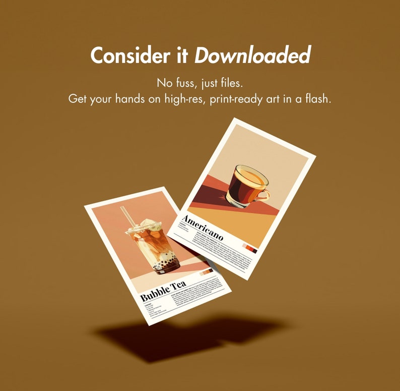 May include: Two printable art prints, one featuring a glass of bubble tea with tapioca pearls and the other featuring a glass of Americano coffee. Both prints have a minimalist design with a light background and bold black text.