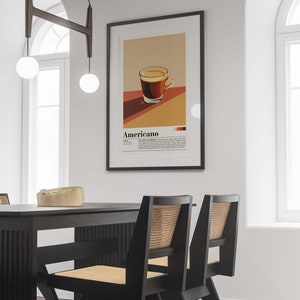 May include: A black framed poster with a minimalist illustration of a cup of coffee. The poster has the word "Americano" in bold text and a description of the coffee drink.