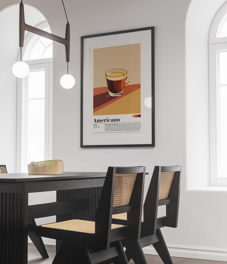 May include: A black framed poster with a minimalist illustration of a cup of coffee. The poster has the word "Americano" in bold text and a description of the coffee drink.