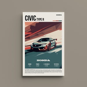 Retro Honda Civic Type R Automotive Print - Vintage JDM Poster, Sport Compact Enthusiast Decor, Garage Wall Art, JDM Car enthusiast