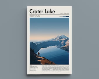 Kratersjöposter - Retro väggkonst i nationalpark - Vintage Oregon landskapstryck - Naturskön resedekor för vandrare och naturälskare