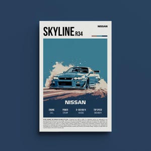 Könnte beinhalten: Ein blauer Nissan Skyline R34 Sportwagen mit weißen Felgen driftet auf einem blauen und weißen Hintergrund. Das Auto trägt die Aufschrift "SKYLINE R34" und "NISSAN". Das Bild zeigt auch die technischen Daten des Autos: 2,6-Liter-Motor, 276 PS, 4,8 Sekunden von 0 auf 100 km/h und eine Höchstgeschwindigkeit von 265 km/h.
