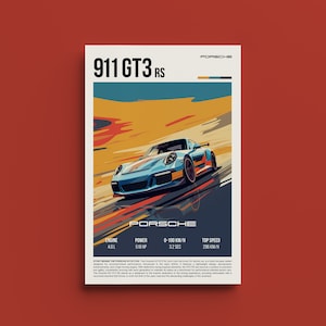 Puede incluir: Una ilustración azul y naranja de un coche deportivo Porsche 911 GT3 RS. El coche está conduciendo por una carretera con una puesta de sol de fondo. El texto "911 GT3 RS" está en la parte superior de la imagen, y el texto "PORSCHE" está en la parte inferior de la imagen. La imagen también incluye las especificaciones del coche: motor de 4,0 L, 518 CV, 3,2 segundos de 0 a 100 km/h y una velocidad máxima de 296 km/h.