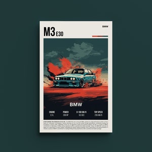 BMW E30 Retro Car Poster - Vintage Classic Auto Art Print, Decoración nostálgica de la pared entusiasta del coche, Arte del garaje