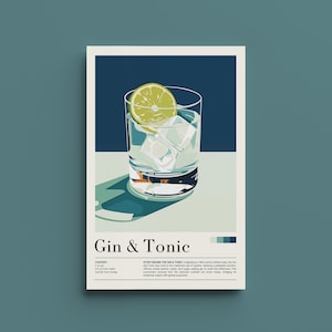 Poster retrò Gin & Tonic - Stampa cocktail / Arredamento bar / Arte cucina MCM / Arredamento cucina, Regalo amante del gin, Stampa minimalista