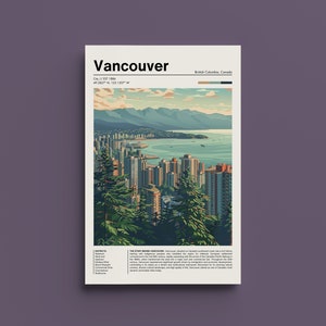 Póster de viaje retro de Vancouver. Impresión artística de ciudad vintage. Decoración de pared nostálgica. Impresión de edición limitada. Paisaje urbano. Ciudad costera.