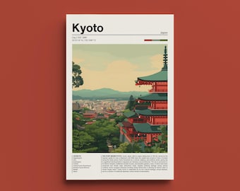 Op de afbeelding: Een vintage poster met een rode en groene illustratie van een pagode in Kyoto, Japan. De poster bevat de tekst "Kyoto" in een vetgedrukt, sans-serif lettertype. De tekst "City / Est 1869" en "35.0116° N, 135.7681° E" is ook inbegrepen. De poster bevat een korte beschrijving van de geschiedenis van Kyoto.