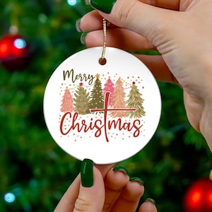 Merry Christmas Ornament, Festive Cross Religious Christmas Ornament, Holiday Tree Decor, Christmas Decor, Christian Gift, Ceramic Ornament
