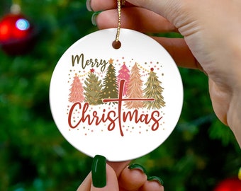 Merry Christmas Ornament, Festive Cross Religious Christmas Ornament, Holiday Tree Decor, Christmas Decor, Christian Gift, Ceramic Ornament
