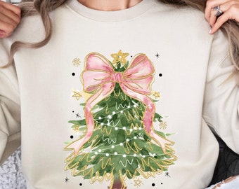 Glitter Christmas Tree Sweatshirt, Coquette Design with Pink Bow Girly Christmas Tree, Holiday Jumper, Festive Pullover, Christmas Gift,