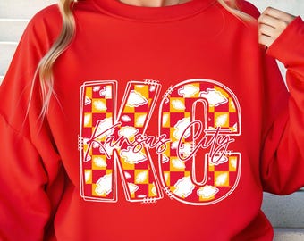 Kansas City Football Sweatshirt, KC Football Bekleidung, Spieltag Fan Ausrüstung, Tailgate Shirt, KC Pride, karierter Rundhalsausschnitt