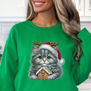 Gray Fluffy Kitty Christmas Sweatshirt, Cute Holiday Cat Jumper, Christmas Gift for Cat Lovers, Christmas Sweater, Feline Christmas