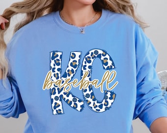 Kansas City Baseball Crewneck Sweatshirt, KC Baseball Apparel, Royal Blue Leopard Print Fan Apparel, Team Jersey, KC Spirit Clothing Gift,