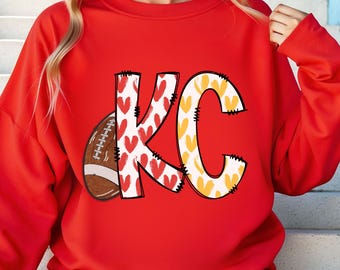 Felpa da football dei Kansas City, girocollo da football dei KC, maglia della squadra dei KC, abbigliamento per tifosi, abbigliamento da tailgate, regalo per tifosi di football, maglietta KC Pride Hearts
