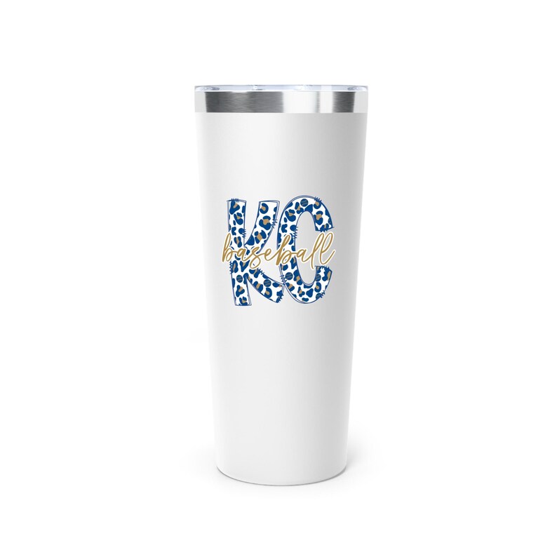 Kansas City Baseball Tumbler, KC Sports Team Fan Drink Cup, Baseball Tailgate Tumbler, Royal Blue Leopard Design Insulated Mug, Drink Cooler image 2