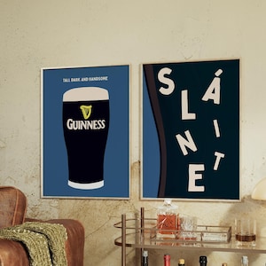 Sláinte Set of 2 Prints Guinness Art Cheers Drink Wall Art Blue Funny Bar Cart Decor Gifts for Irish Gifts For Him Retro Poster Ireland Art Printable Art Instant Download