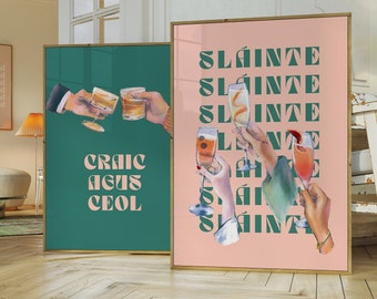 Sláinte Art Irish Cheers Set of 2 Prints Craic & Ceol Happy Hour Drink Wall Art Bar Cart Decor Gaelic Retro Cocktail Print Irish Sayings