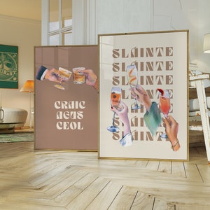 Irish Cheers Art Gaelic Zestaw 2 Wydruków Craic Ceol Happy Hour Wall Art Vintage Neutral Sláinte Bar Cart Decor Retro Cocktail Print Irlandia