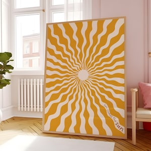 Here Comes The Sun-print | Golvende retro muurkunst, opbeurend positief citaat, trendy afdrukbare kunst, esthetische galerijdecor - direct downloaden