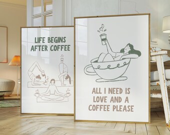 Coffee Lover Wall Art Sage Green Minimal Kitchen Decor Retro Coffee Poster Barista Coffee Station Decor Housewarming Gift Feminine Art