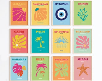 12er Set Reise Poster Trendy Y2K Bunte Drucke Preppy Wand Kunst Druck College Wohnheim Zimmer Dekor Ausstellung Amalfi, Mykonos, Capri, Ibiza