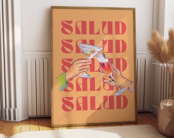 Colourful Salud Wall Art Spanish Cheers Print Retro Wine Poster Vintage Bar Cart Art Cocktail Print Mexican Wall Art European Summer Decor