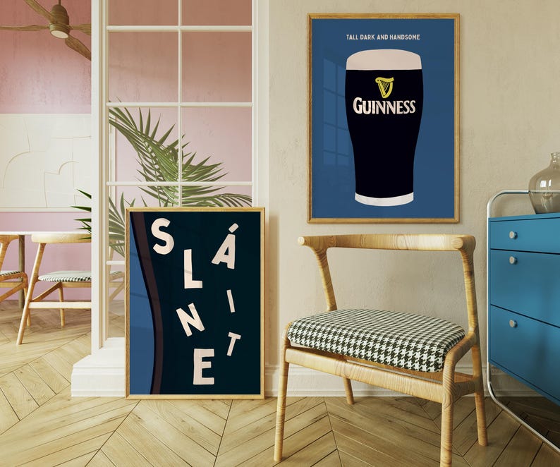 Sláinte Set of 2 Prints Guinness Art Cheers Drink Wall Art Blue Funny Bar Cart Decor Gifts for Irish Gifts For Him Retro Poster Ireland Art Printable Art Instant Download