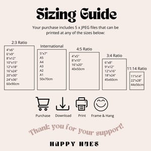 May include: A sizing guide with various print ratios and sizes, including 4"x6", 8"x12", and 16"x24". The guide also lists international sizes like A4 and A3, and includes icons for purchase, download, print, and framing.
