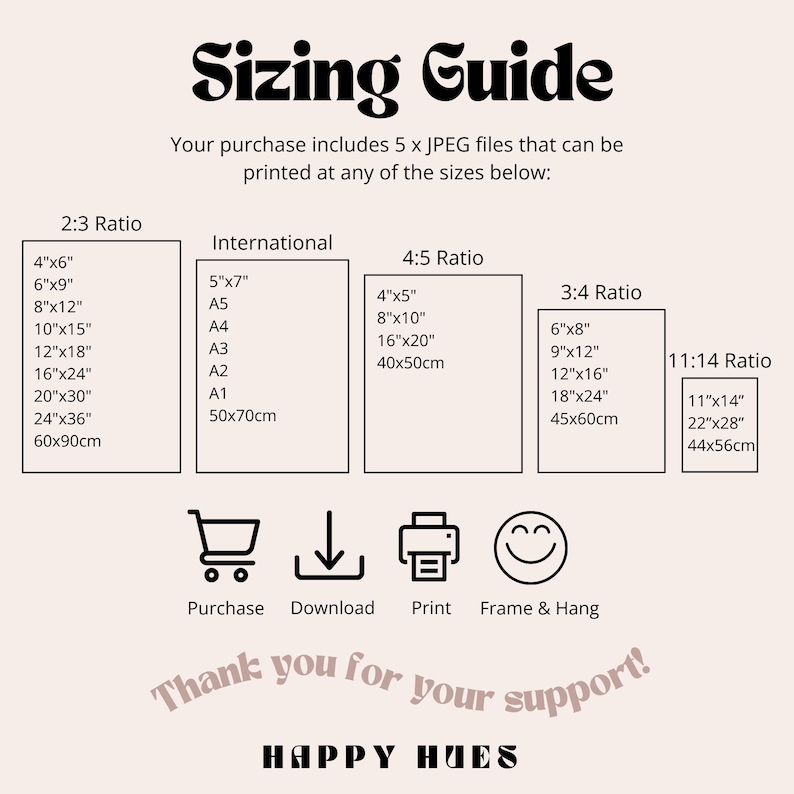 May include: A sizing guide with various print ratios and sizes, including 4"x6", 8"x12", and 16"x24". The guide also lists international sizes like A4 and A3, and includes icons for purchase, download, print, and framing.
