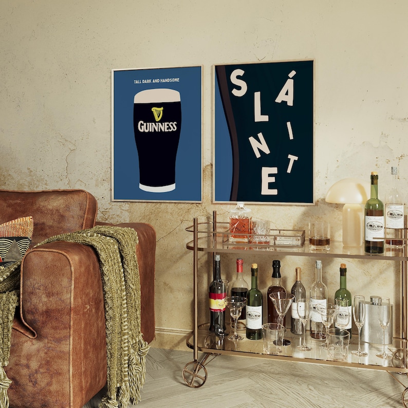 Sláinte Set of 2 Prints Guinness Art Cheers Drink Wall Art Blue Funny Bar Cart Decor Gifts for Irish Gifts For Him Retro Poster Ireland Art Printable Art Instant Download
