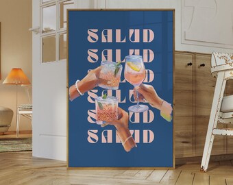 Salud Blue Wall Art Spanish Cheers Navy Print Retro Wine Poster Vintage Bar Cart Art Cocktail Print Mexican Wall Art European Summer Decor