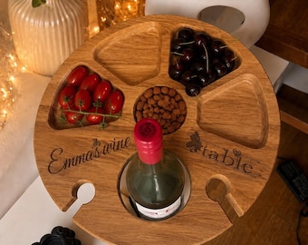Personalised Solid Oak Folding Wine Table, Picnic Snack Table with Bottle Holder