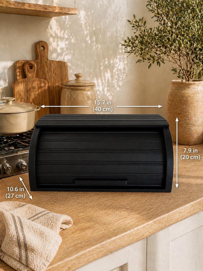 Handmade Black Wood Roll Top Bread Box, Farmhouse Kitchen Storage ...