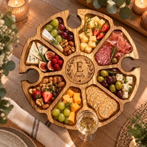 Puede incluir: Una tabla de servir circular de madera con ocho secciones divididas, con un grabado central de la letra E y el nombre Emily. La tabla contiene diversos aperitivos, incluyendo uvas, queso, galletas saladas, nueces, fresas y embutidos.