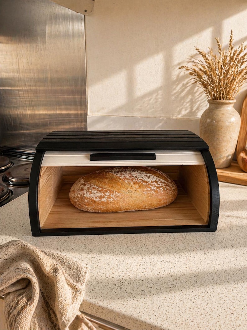 Handmade Black Wood Roll Top Bread Box, Farmhouse Kitchen Storage - Etsy
