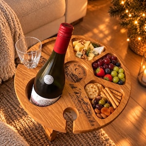 Handmade Oak Snack & Wine Table | Portable Picnic Charcuterie Tray with Glass Holder