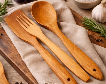 Wooden Cutlery Set – Handmade Spoon, Fork & Spatula | Eco Reusable Kitchen Utensils