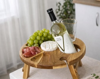 Handmade Oak Picnic Wine Table, Foldable Outdoor Snack Holder