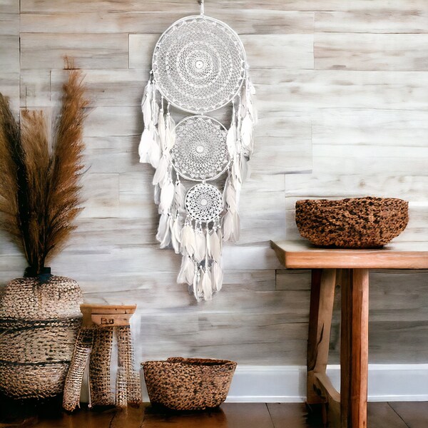 Giant Triple Ring Dreamcatcher, Boho Woven Wall Hanging, Spiritual Wall Decor, Feather Dream Catcher, Nursery Bedroom Decor, Gift for Her